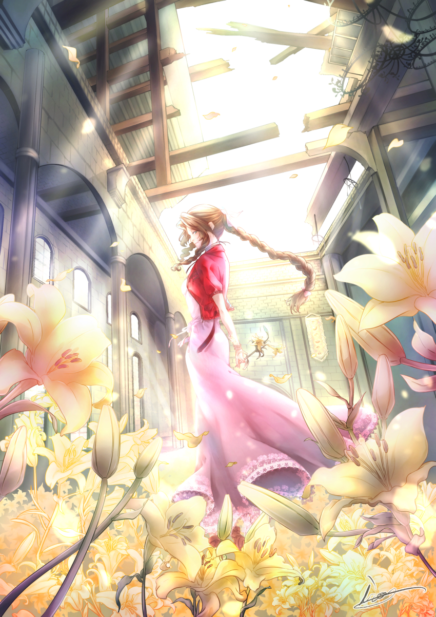 1girl aerith_gainsborough bow braid braided_ponytail brown_hair church cropped_jacket dress female_focus final_fantasy final_fantasy_vii final_fantasy_vii_remake flower green_eyes highres holding holding_flower indoors jacket long_braid long_hair looking_at_viewer looking_to_the_side moriiiiiiiiiinn open_roof_top petals pink_bow pink_dress red_jacket single_braid solo sunlight