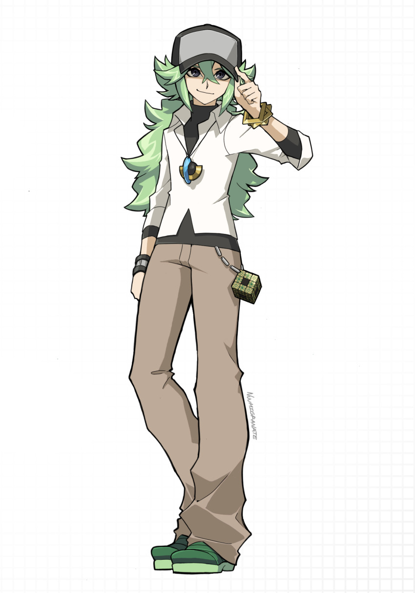 1boy arm_at_side black_hat black_shirt bracelet double-parted_bangs dress_shirt facing_to_the_side full_body gold_bracelet green_eyes green_shoes grey_eyes hand_on_headwear hand_on_own_hat hand_up hat highres jewelry khaki_pants long_bangs looking_at_viewer male_focus n_(pokemon) necklace nintendo nuumigranate parody partially_unbuttoned pokemon pokemon_bw ponytail rubik&#039;s_cube shirt shirt_under_shirt shoes sleeves_rolled_up style_parody untucked_shirt wallet_chain white_background