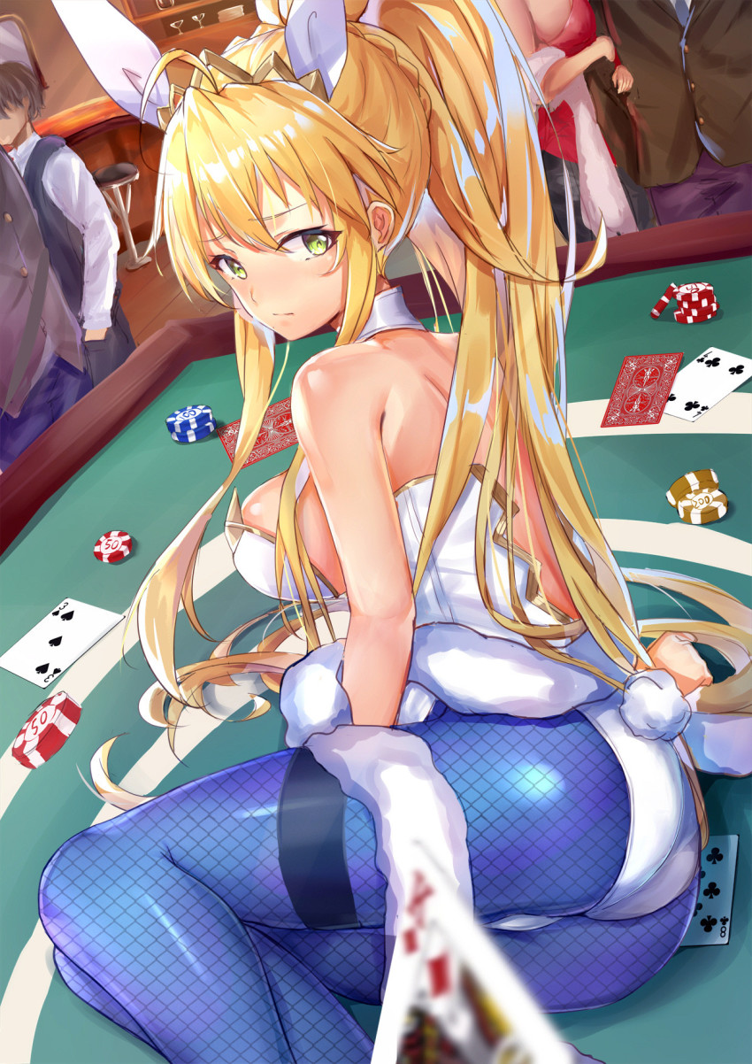 2girls 3boys ahoge animal_ears artoria_pendragon_(fate) artoria_pendragon_(swimsuit_ruler)_(fate) artoria_pendragon_(swimsuit_ruler)_(first_ascension)_(fate) ass bare_shoulders blonde_hair blue_pantyhose blush breasts casino_card_table cleavage detached_collar eric_(pixiv9123557) fake_animal_ears fate/grand_order fate_(series) feather_boa fishnets green_eyes hair_between_eyes highres king_(playing_card) king_of_diamonds large_breasts leotard long_hair looking_at_viewer multiple_boys multiple_girls necktie pantyhose playboy_bunny poker_chip ponytail rabbit_ears rabbit_tail sidelocks solo_focus table tail thighband_pantyhose white_leotard wrist_cuffs