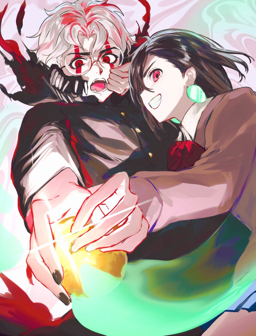 1boy 1girl absurdres ayase_momo ball black_jacket black_nails blue_skirt bow bowtie brown_eyes brown_hair clenched_teeth collared_shirt cowboy_shot dandadan earrings facial_mark fangs gakuran glasses glint grin highres holding holding_ball ikasoba jacket jewelry kami_high_school_uniform long_hair looking_at_viewer miniskirt multicolored_hair open_mouth pink_sweater pleated_skirt red_bow red_bowtie red_eyes red_hair round_eyewear school_uniform shirt short_hair skirt smile sweater takakura_ken_(dandadan) takakura_ken_(transformed)_(dandadan) teeth transformation two-tone_hair white_hair white_shirt