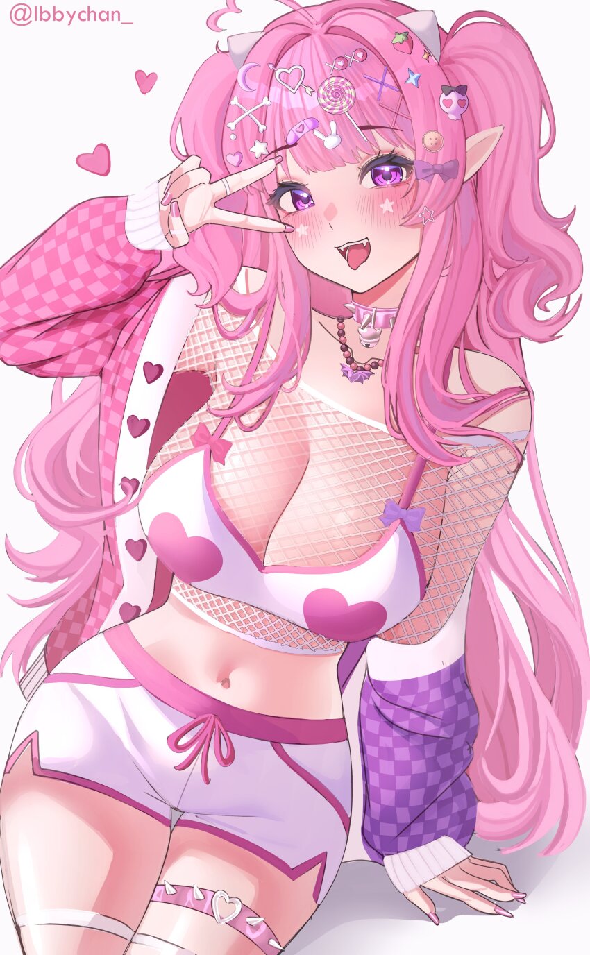 1girl :p absurdres ahoge arm_support bandaid bandaid_hair_ornament bead_necklace beads bell blush bone_hair_ornament bow bra bra_over_clothes breasts button_hair_ornament candy_hair_ornament checkered_clothes checkered_jacket choker cleavage crop_top curvy decora demon_girl demon_horns dolphin_shorts drawstring facial_mark fangs fishnet_top fishnets food-themed_hair_ornament hair_bow hair_ornament heart heart_ahoge heart_hair_ornament highres horns ibbychan ironmouse ironmouse_(decora) jacket jewelry jingle_bell large_breasts lollipop_hair_ornament long_hair long_sleeves looking_at_viewer midriff multicolored_hair multicolored_jacket narrow_waist navel neck_bell necklace off-shoulder_shirt off_shoulder open_clothes open_jacket open_mouth pink_bow pink_choker pink_hair pink_jacket pink_nails pointy_ears purple_bow purple_eyes purple_hair purple_jacket rabbit_hair_ornament ring shirt shorts side_slit sitting skull_hair_ornament solo spiked_choker spiked_thigh_strap spikes star_(symbol) star_facial_mark star_hair_ornament stomach strawberry_hair_ornament streaked_hair thigh_strap tongue tongue_out too_many twitter_username two-tone_jacket two_side_up underwear v v_over_eye very_long_hair virtual_youtuber vshojo white_background white_bra white_shorts x_hair_ornament