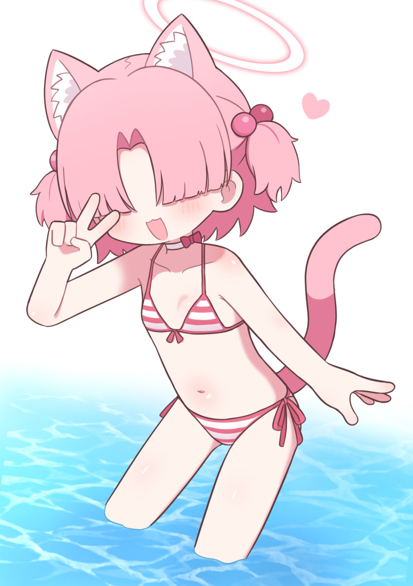 1girl :3 animal_ear_fluff animal_ears bikini blue_archive cat_ears cat_girl cat_tail chlorella_observation_club_member_(blue_archive) chlorella_observation_club_member_(swimsuit)_(blue_archive) choker collarbone extra_ears faceless faceless_female facing_viewer flat_chest front-tie_bikini_top front-tie_top hair_over_eyes halo heart highres naga_u official_alternate_costume open_mouth pink_bikini pink_hair pink_halo side-tie_bikini_bottom solo swimsuit tail two_side_up v wading white_choker