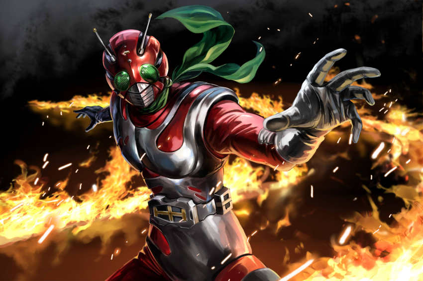 1boy antennae belt compound_eyes epic fire gloves green_eyes highres kamen_rider kamen_rider_zx male_focus mask poo_(saku) scarf solo sparks