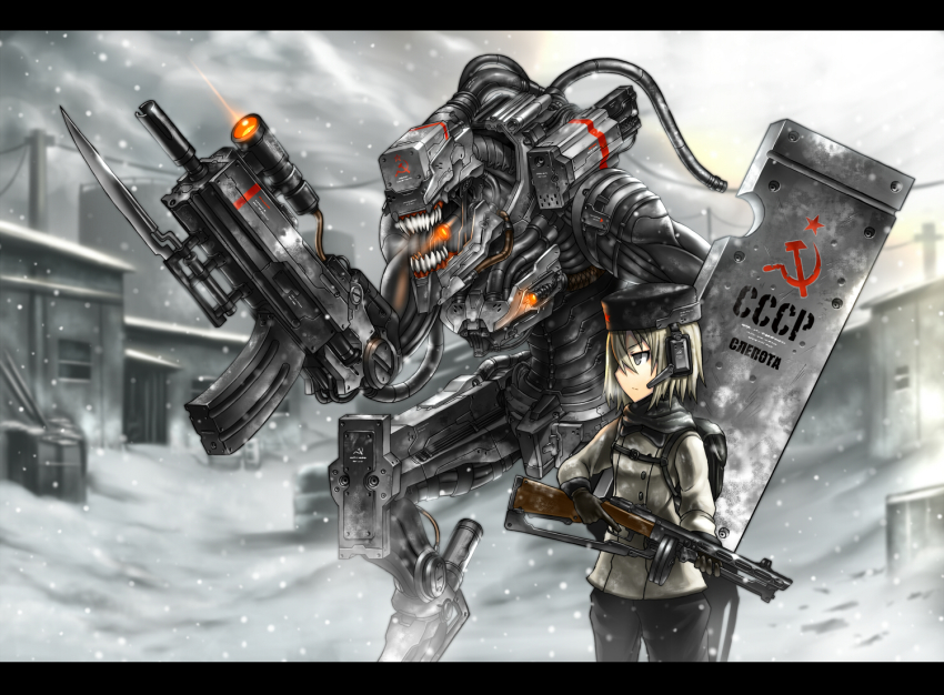 1girl communism drum_magazine gia grey_eyes gun hammer_and_sickle letterboxed magazine_(weapon) original robot snow soviet submachine_gun teeth ussr weapon white_hair xenomorph