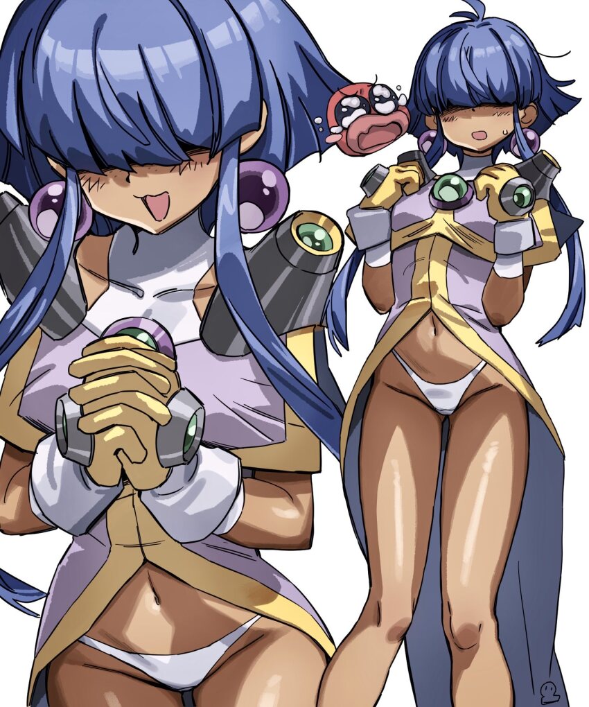 1girl armor bare_legs blob blue_hair cacao_(lamune) cowlick dark-skinned_female dark_skin earrings enim0chi flipped_hair freckles gloves hair_over_eyes hands_on_own_chest highres jewelry navel open_mouth orb own_hands_clasped own_hands_together panties pq_(lamune) short_hair_with_long_locks shoulder_armor showgirl_skirt smile sphere_earrings standing sweatdrop tearing_up underwear vs_knight_lamune_&amp;_40_fire white_panties yellow_gloves