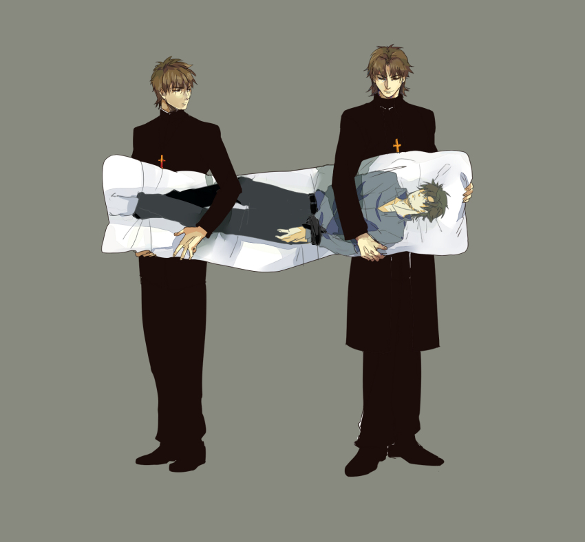 2boys brown_hair crimo dakimakura_(object) dual_persona emiya_kiritsugu fate/stay_night fate/zero fate_(series) highres kotomine_kirei kotomine_kirei_(fate/zero) multiple_boys pillow