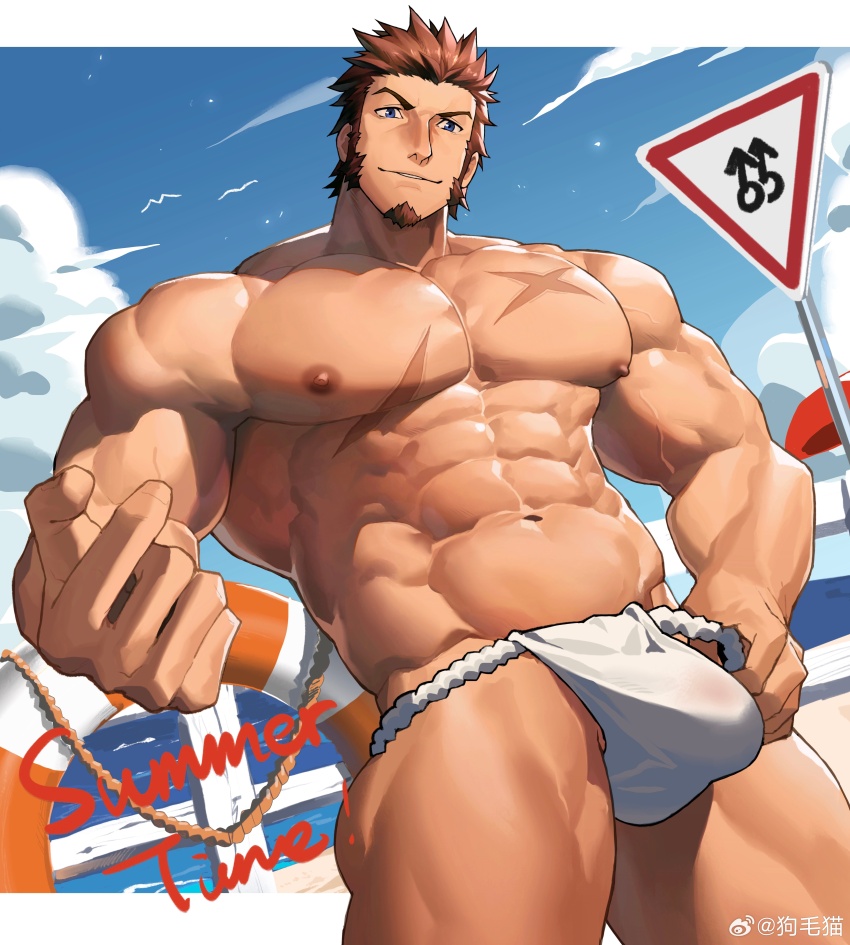 1boy abs absurdres bara brown_hair bulge cloud day english_text fate/grand_order fate_(series) fundoshi highres japanese_clothes large_pectorals looking_at_viewer male_focus muscular muscular_male napoleon_bonaparte_(fate) navel nipples outdoors pectorals short_hair sky solo tekkowang