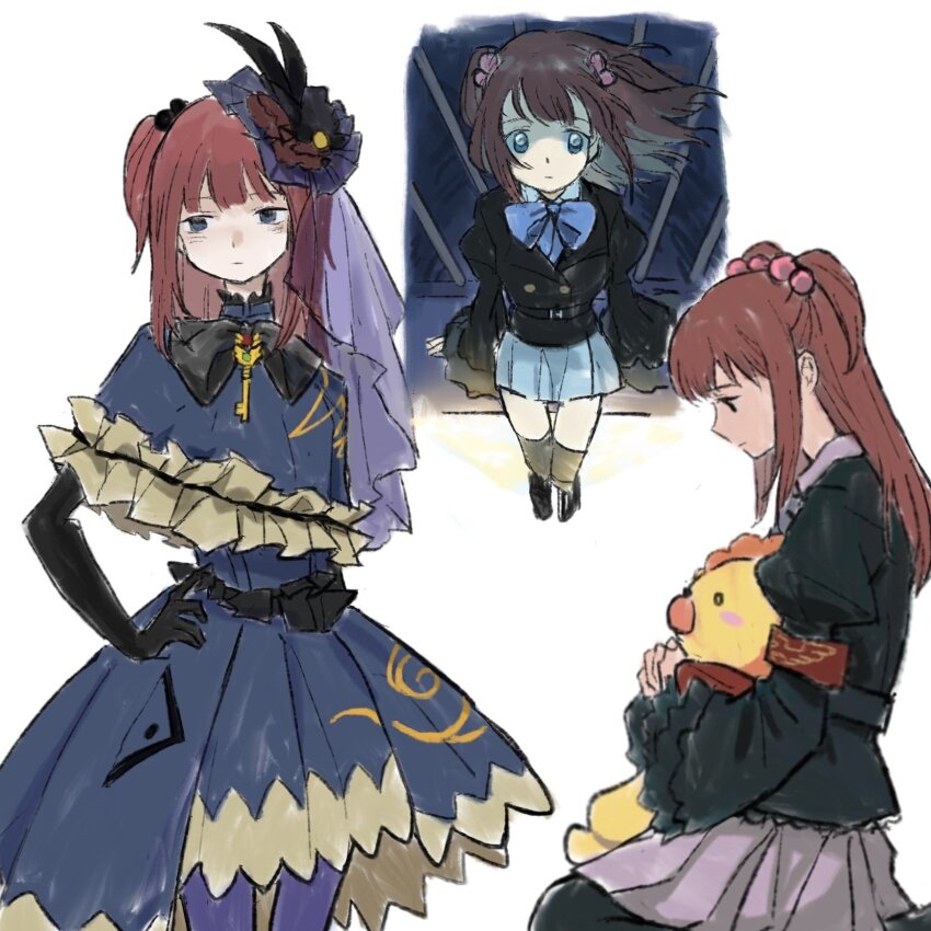 1girl armband black_bow black_bowtie black_eyes black_gloves bow bowtie dress elbow_gloves frilled_dress frilled_sleeves frills gloves hair_ornament highres juliet_sleeves long_hair long_sleeves multiple_views nihiru0513 pleated_skirt puffy_sleeves red_armband red_hair sakutarou_(umineko) skirt spoilers stuffed_animal stuffed_lion stuffed_toy two_side_up umineko_no_naku_koro_ni ushiromiya_ange
