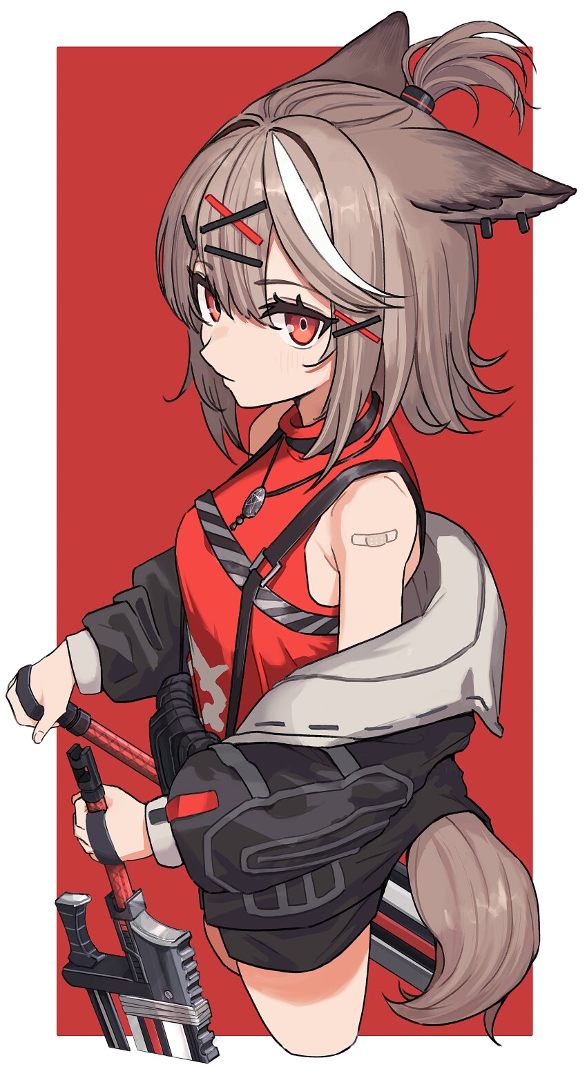 1girl absurdres animal_ears arknights bandaid bandaid_on_shoulder bare_shoulders black_jacket black_shorts border brown_hair closed_mouth commentary_request cropped_legs cutter_(arknights) dual_wielding fox_ears fox_girl fox_tail hair_ornament hairclip highres holding holding_sword holding_weapon humidasi79 jacket jewelry long_sleeves looking_at_viewer multicolored_hair necklace off_shoulder open_clothes open_jacket outside_border red_background red_eyes red_shirt shirt short_hair shorts simple_background solo streaked_hair sword tail topknot two-tone_hair weapon white_border white_hair x_hair_ornament