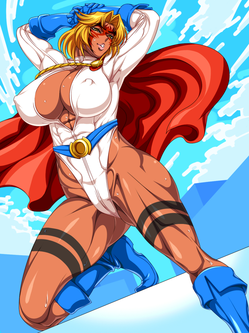 1girl abs ass blonde_hair breasts cape cleavage cleavage_cutout clothing_cutout cosplay covered_erect_nipples crossover dark_skin dc_comics facial_tattoo ginnyo gloves gluteal_fold highres large_breasts lilith-soft long_hair muscular muscular_female power_girl power_girl_(cosplay) power_lady solo taimanin_(series) taimanin_asagi tan tattoo