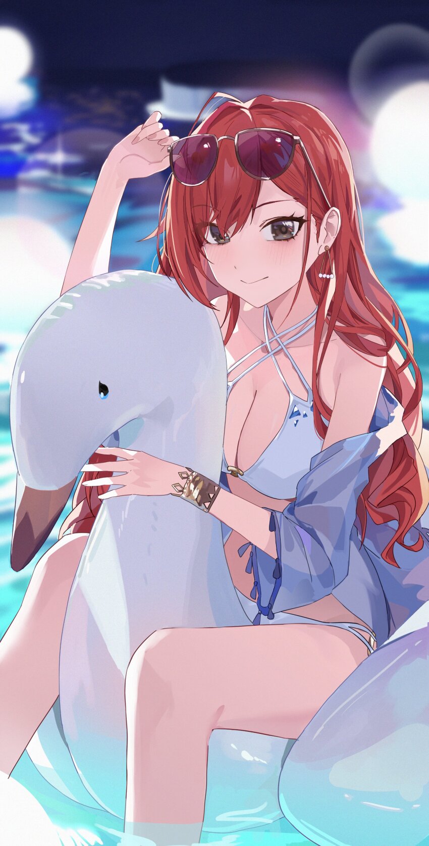 1girl absurdres afloat arisugawa_natsuha bikini bird blush bracelet breasts brown_eyes cleavage collarbone commentary earrings eimizzzzz eyewear_on_head hair_between_eyes highres idolmaster idolmaster_shiny_colors inflatable_toy jewelry large_breasts long_hair looking_at_viewer red_hair sitting smile solo sunglasses swan swimsuit water