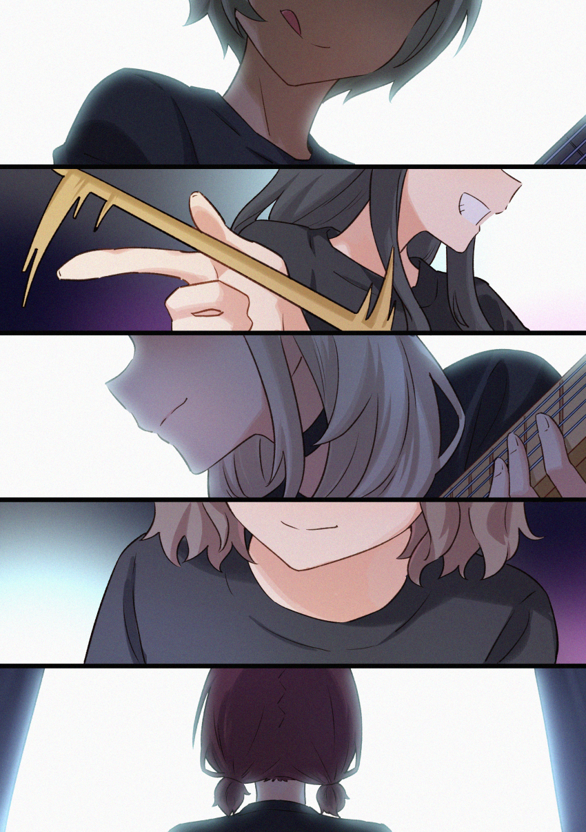 5girls absurdres awa_subaru black_hair black_shirt brown_hair closed_mouth commentary ebizuka_tomo english_commentary girls_band_cry grey_hair highres iseri_nina kawaragi_momoka licking_lips long_hair low_twintails multiple_girls rupa_(girls_band_cry) shirt short_hair short_twintails sidelocks summer_left togenashi_togeari tongue tongue_out twintails