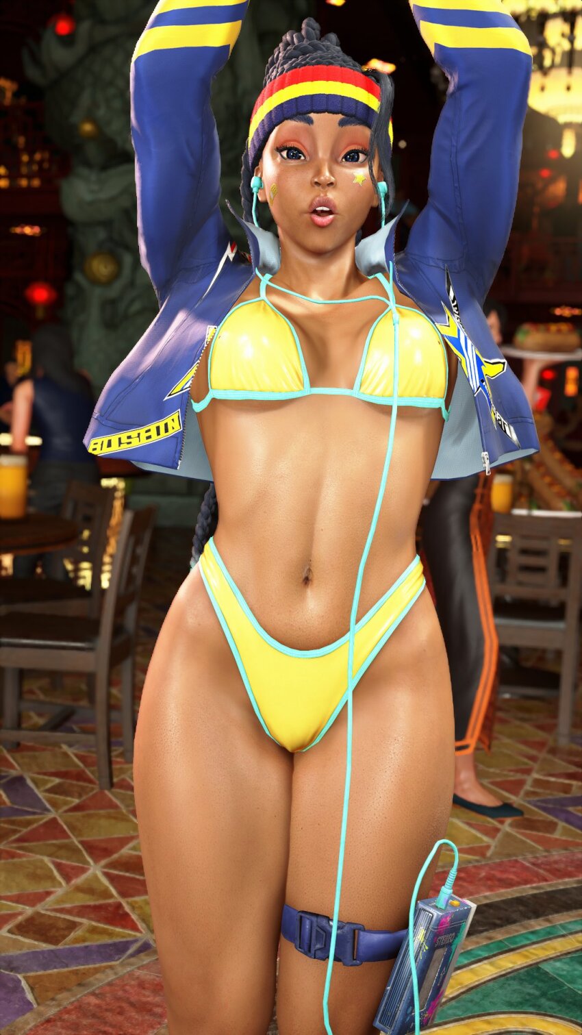 1girl 3d :o alternate_costume aqua_hair arms_up bikini black_hair braid breasts cleavage curvy dark-skinned_female dark_skin dreadlocks gloves highleg highleg_bikini highres jacket kimberly_jackson long_hair looking_at_viewer multicolored_hair official_alternate_costume open_clothes open_jacket ryona shiny_skin smile solo standing street_fighter street_fighter_6 swimsuit third-party_edit thong thong_bikini wide_hips yellow_bikini