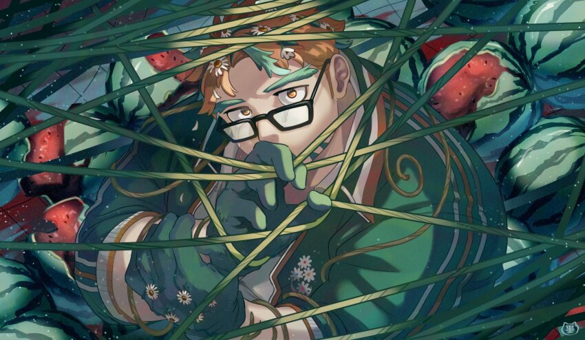 1boy bara black-framed_eyewear brown_hair covered_mouth facial_hair fat fat_man florakinesis flower food fruit glasses gloves goatee green_gloves green_hair green_jacket hair_flower hair_ornament highres hippolytus_(housamo) jacket looking_at_viewer looking_over_eyewear male_focus medium_sideburns multicolored_hair plant serious short_hair sideburns_stubble solo streaked_hair stubble sumi_wo_hakuneko thick_eyebrows tile_floor tiles tokyo_houkago_summoners track_jacket two-tone_beard upper_body vines watermelon white_flower