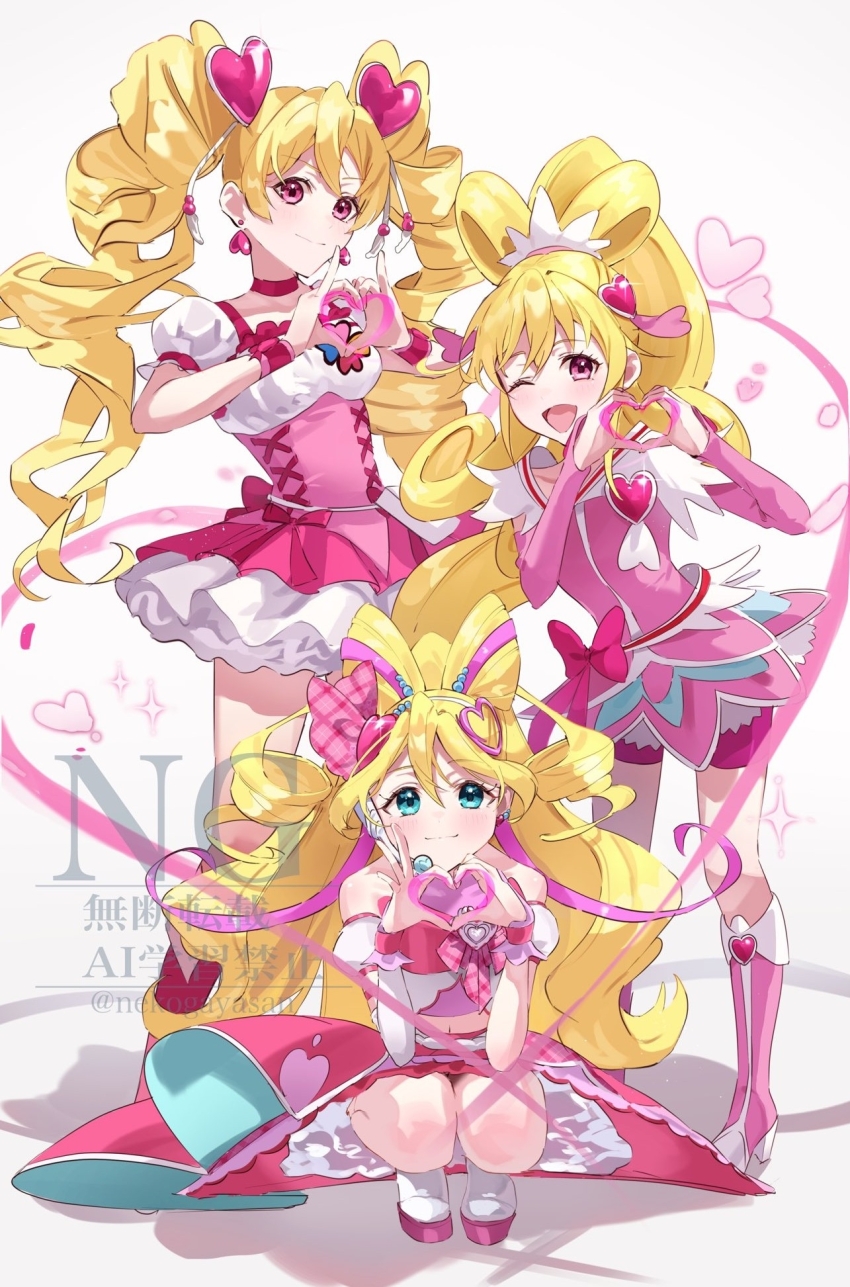 3girls aida_mana arm_warmers bike_shorts blonde_hair blue_eyes blush boots brooch choker closed_mouth clover_brooch commentary crop_top cure_heart cure_idol cure_peach detached_sleeves dokidoki!_precure dress drill_hair earrings fresh_precure! hair_ornament hair_ribbon hairband headset heart heart_brooch heart_earrings heart_hair_ornament heart_hands high_heel_boots high_heels highres jewelry kimi_to_idol_precure kneehighs long_hair magical_girl midriff momozono_love multiple_girls navel nekogayasan one_eye_closed open_mouth petticoat pink_boots pink_choker pink_eyes pink_ribbon pink_shirt pink_shorts pink_skirt ponytail precure puffy_detached_sleeves puffy_short_sleeves puffy_sleeves ribbon sakura_uta_(precure) shadow shirt short_sleeves shorts single_arm_warmer skirt smile socks symbol-only_commentary twin_drills twintails twitter_username two-tone_dress white_hairband white_socks wrist_cuffs