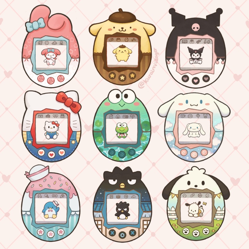 animal badtz-maru bird blue_bow bow cat chibi chibi_only cinnamoroll commentary dog frog fuwa_fuwa_cinnamoroll grid_background hasunoue_keroppi hat heart hello_kitty hello_kitty_(character) highres kero_kero_keroppi kurain_villager kuromi my_melody no_humans object_focus onegai_my_melody parody penguin pochacco pompompurin rabbit red_bow sailor_hat sanrio sitting still_life tamagotchi tamagotchi_(virtual_pet) tuxedo_sam virtual_pet_(toy) white_dog