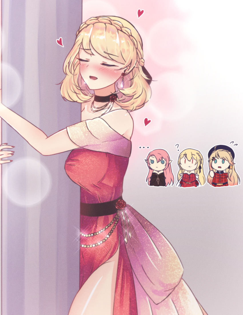 ... 1girl ? absurdres alternate_costume azur_lane blonde_hair blush braid closed_eyes commentary dress drunk duke_of_york_(azur_lane) duke_of_york_(eternal_night&#039;s_carola)_(azur_lane) earrings english_commentary heart heart_print highres howe_(azur_lane) howe_(noble_rouge)_(azur_lane) jewelry king_george_v_(azur_lane) king_george_v_(rose&#039;s_regalia)_(azur_lane) medium_hair nail_polish hugging_object off-shoulder_dress off_shoulder open_mouth prince_of_wales_(azur_lane) pumpkinpaii red_dress red_nails simple_background smile solo standing