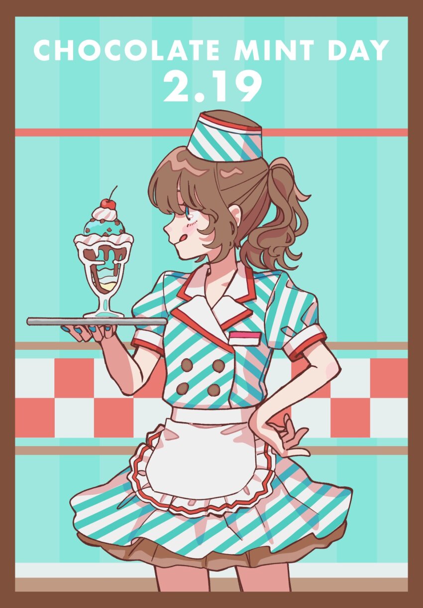 1girl apron blue_eyes blue_nails border brown_border brown_hair buttons cherry closed_mouth cowboy_shot dress fingernails food fruit hat highres holding holding_saucer ice_cream legs_apart mint_chocolate mint_chocolate_(razschi) nail_polish original ponytail puffy_short_sleeves puffy_sleeves saucer short_hair short_sleeves smile solo standing striped_clothes striped_dress striped_hat tongue tongue_out waist_apron white_apron yoshioka_suke