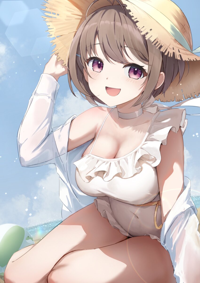 1girl absurdres ball beach beachball blue_sky blush breasts brown_hair closed_mouth cloud cloudy_sky collarbone covered_navel day frilled_one-piece_swimsuit frills harusaki_nodoka hat highres hololive large_breasts looking_at_viewer medium_hair ocean one-piece_swimsuit open_clothes open_mouth open_shirt pink_eyes saka_mikatsuki sand shirt single_off_shoulder sitting sky solo sun_hat swimsuit thighs virtual_youtuber white_one-piece_swimsuit white_shirt yellow_hat yokozuwari