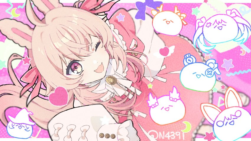 1girl ahoge animal_ears bow brooch crescent dress hair_ribbon heart highres jewelry long_hair n4391 one_eye_closed open_mouth phase_connect pink_dress pink_ribbon pipkin_pippa pipkin_pippa_(shipkin_shippa) purple_eyes rabbit_ears rabbit_girl ribbon shirt star_(symbol) twitter_username virtual_youtuber white_bow white_shirt