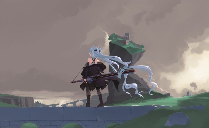 1girl black_thighhighs blue_eyes boots cloud cloudy_sky coat female_focus from_behind gun highres long_hair looking_at_viewer looking_back mof mof&#039;s_silver_haired_twintailed_girl off_shoulder original rifle ruins shoulder_blades sky solo standing thighhighs very_long_hair weapon white_background