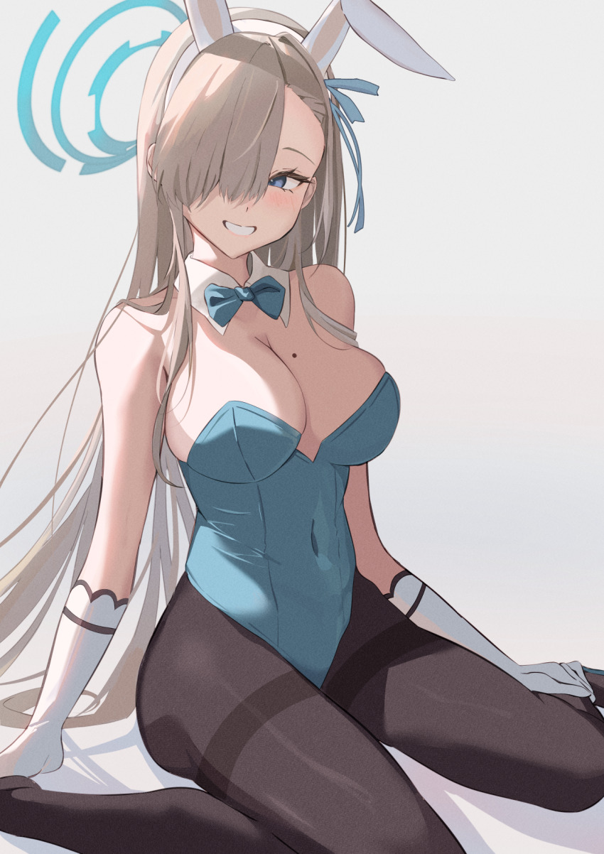 1girl animal_ears asuna_(blue_archive) asuna_(bunny)_(blue_archive) bare_shoulders blue_archive blue_bow blue_bowtie blue_eyes blue_leotard blue_ribbon bow bowtie breasts brown_hair brown_pantyhose cleavage covered_navel detached_collar fake_animal_ears gloves grey_background hair_over_one_eye hair_ribbon halo highres large_breasts leotard long_hair mole mole_on_breast official_alternate_costume pantyhose playboy_bunny rabbit_ears ribbon simple_background sitting smile solo wesly2300 white_gloves