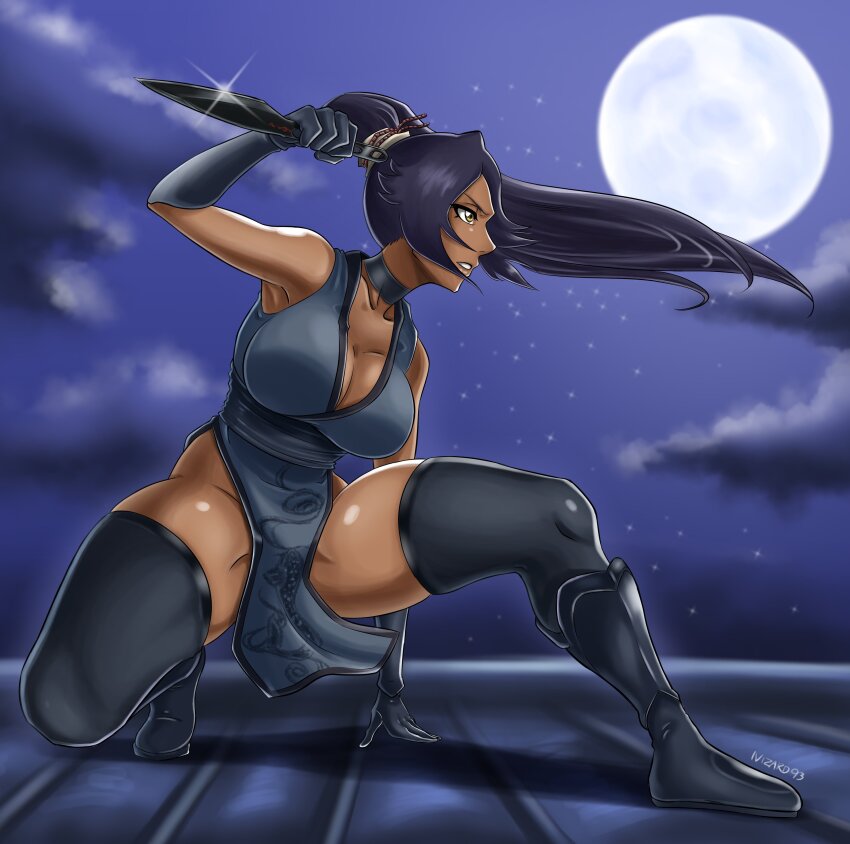 1girl absurdres artist_name bare_shoulders black_thighhighs bleach bleach:_sennen_kessen-hen breasts choker collarbone curvy dark-skinned_female dark_skin elbow_gloves gloves hair_ornament highres ivizard_art93 kunai large_breasts long_hair moon night night_sky ninja parted_bangs ponytail purple_hair shihouin_yoruichi shiny_skin sky thighhighs thighs weapon wide_hips yellow_eyes