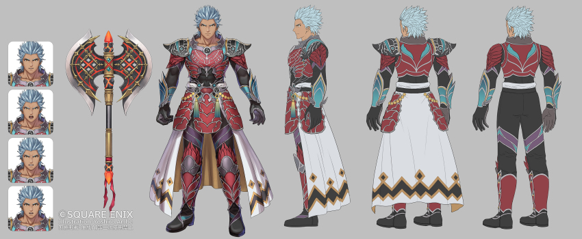 1boy absurdres anbe_yoshirou angry artist_name black_gloves black_pants black_shoes black_undershirt blue_hair closed_mouth collarbone commentary_request copyright_notice covered_abs expressionless full_body gloves grey_background highres leg_armor male_focus noel_(saga) official_art pants romancing_saga_2 saga shirt shoes smile spiked_hair standing surprised taut_clothes taut_shirt vambraces yellow_eyes