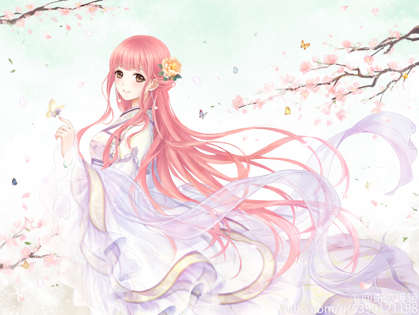 1girl absurdres artist_request blue_butterfly branch brown_eyes bug butterfly butterfly_on_hand cherry_blossoms chinese_clothes closed_mouth cowboy_shot day dot_nose earrings falling_petals floral_print flower frilled_sleeves frills hair_flower hair_ornament hanfu happy highres insect jewelry light_blush lips long_hair long_sleeves looking_at_viewer miracle_nikki nikki_(nikki) nikki_(series) official_art outdoors petals pink_flower pink_hair purple_shawl second-party_source shawl smile solo sphere_earrings spring_(season) standing tareme very_long_hair wavy_hair white_hanfu wide_sleeves yellow_butterfly yellow_flower