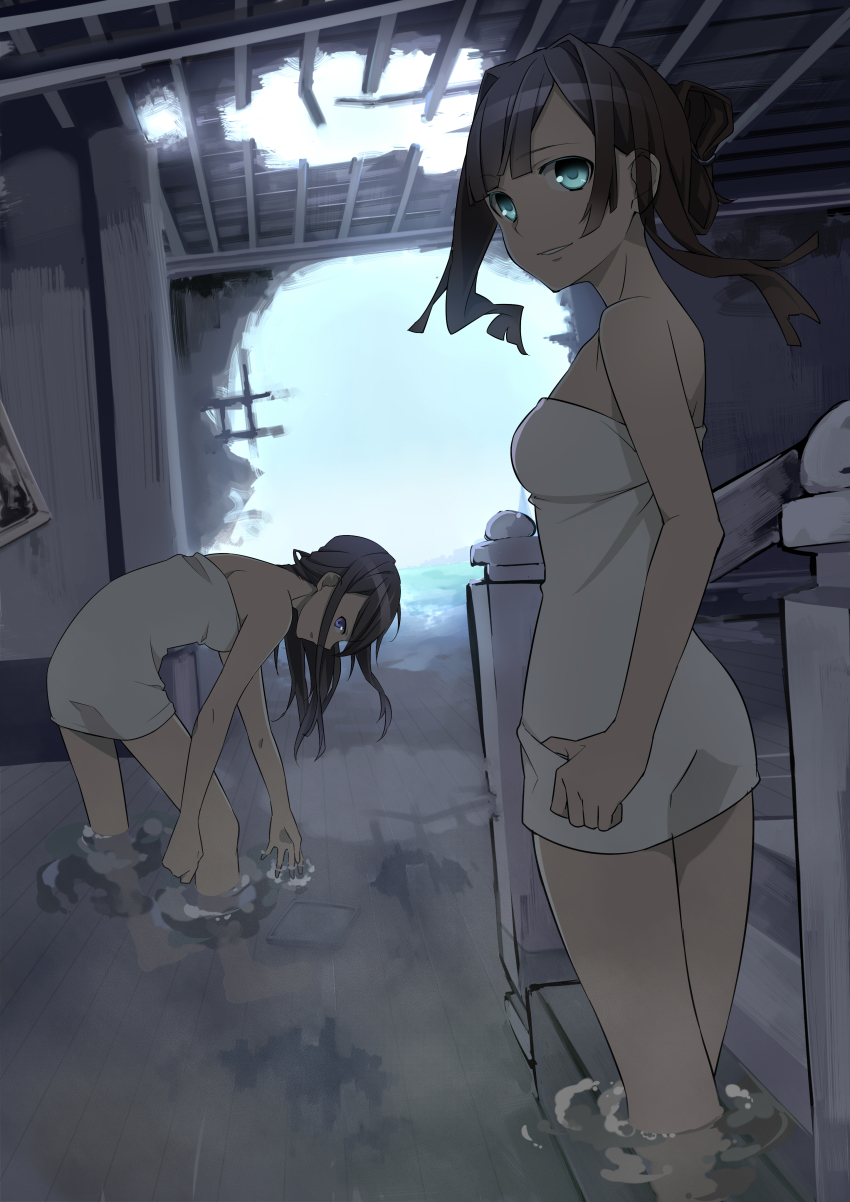 2girls absurdres bad_id bad_pixiv_id black_hair blue_eyes dark flood highres hole kiya_machi leaning_forward long_hair looking_back multiple_girls naked_towel original partially_submerged ruins sky smile stairs towel wading water