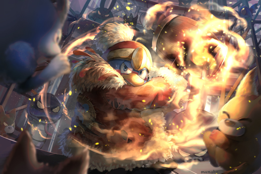 animal_ears awoofy buffahorn clocker closed_eyes embers fire hammer holding holding_hammer indoors king_dedede kirby_(series) kirby_and_the_forgotten_land looking_at_viewer momoko_(nihontou) nintendo orabiroo pom_pom_(clothes) primal_awoofy rabbit_ears rabiroo signature snake sssnacker sweat wings