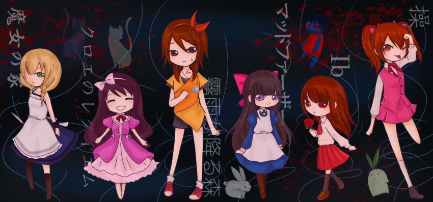 6+girls aya_drevis black_dress blonde_hair blue_dress braid brown_hair child chloe_ardenne chloe_no_requiem collared_shirt crossover dress flower green_eyes hair_ribbon hairband holding holding_flower holding_knife ib_(ib) ib_(kouri) kanzaki_shiori kirisame_ga_furu_mori knife mad_father majo_no_ie misao multiple_girls narukami_aki purple_hair red_eyes red_flower red_rose red_skirt ribbon rose school_uniform shirt skirt sleeveless sleeveless_dress twin_braids twintails viola_(majo_no_ie)