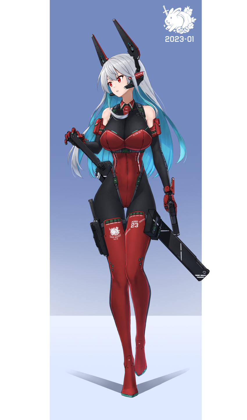 1girl absurdres android aqua_hair bare_shoulders blue_hair bodysuit boots breasts cleavage colored_inner_hair covered_navel elbow_gloves full_body gloves grey_hair gun handgun highleg highleg_leotard highres holding holding_gun holding_weapon holster large_breasts leotard long_hair maxilax mechanical_ears multicolored_hair original pouch red_eyes red_leotard red_thighhighs sheath solo standing sword thigh_boots thigh_gap thighhighs two-tone_hair weapon