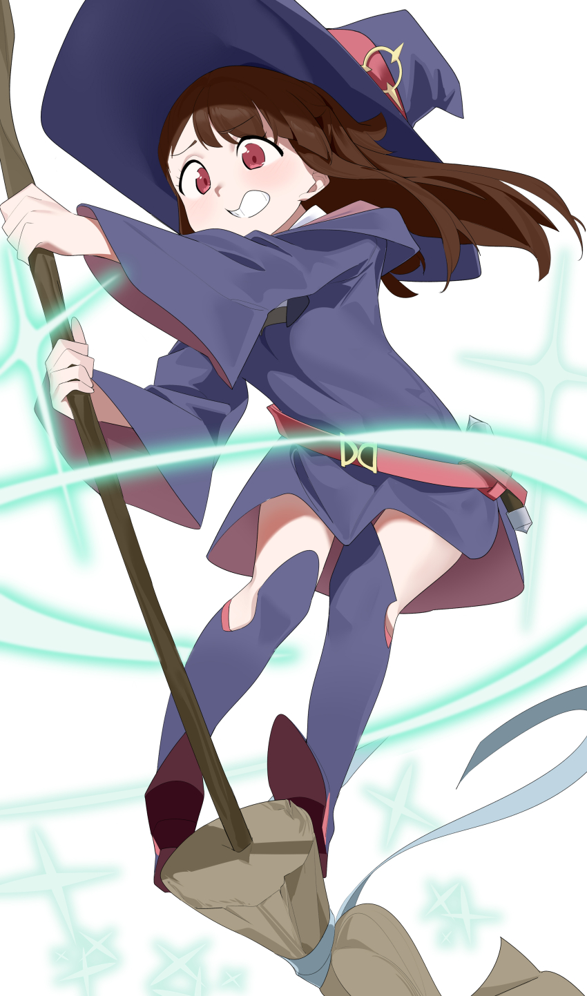 1girl absurdres blue_boots blue_hat boots broom broom_riding brown_hair commentary floating_hair hat highres holding holding_broom kagari_atsuko knee_boots large_hat little_witch_academia long_hair long_sleeves luna_nova_school_uniform red_eyes school_uniform simple_background solo teeth wako_(1194433260) white_background wide_sleeves witch witch_hat