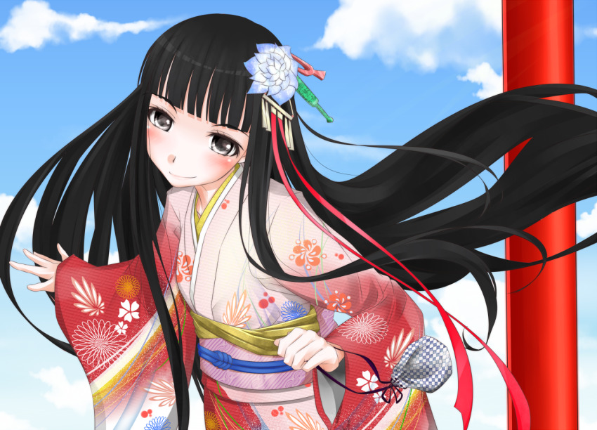 1girl black_hair blue_flower blue_sky blunt_bangs blush closed_mouth cloud cloudy_sky commentary_request day floral_print flower grey_eyes hair_flower hair_ornament head_tilt hime_cut himegami_aisa japanese_clothes kimono long_hair long_sleeves looking_at_viewer multicolored_kimono obi outdoors sash shin_(highest1192) sidelocks sky smile solo toaru_majutsu_no_index upper_body very_long_hair wide_sleeves yukata