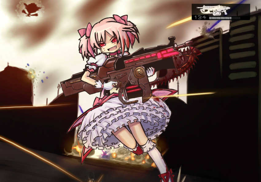 1girl blood bloody_weapon borrowed_weapon bow bubble_skirt choker deculture explosion female_focus gameplay_mechanics gears_of_war gloves gun hair_bow highres kaname_madoka kaname_madoka_(magical_girl) kneehighs lancer_(gears_of_war) magical_girl mahou_shoujo_madoka_magica mahou_shoujo_madoka_magica_(anime) parody pink_hair projectile_trail puffy_sleeves rifle running skirt socks solo tracer_ammunition two_side_up user_interface walpurgisnacht_(madoka_magica) weapon white_gloves