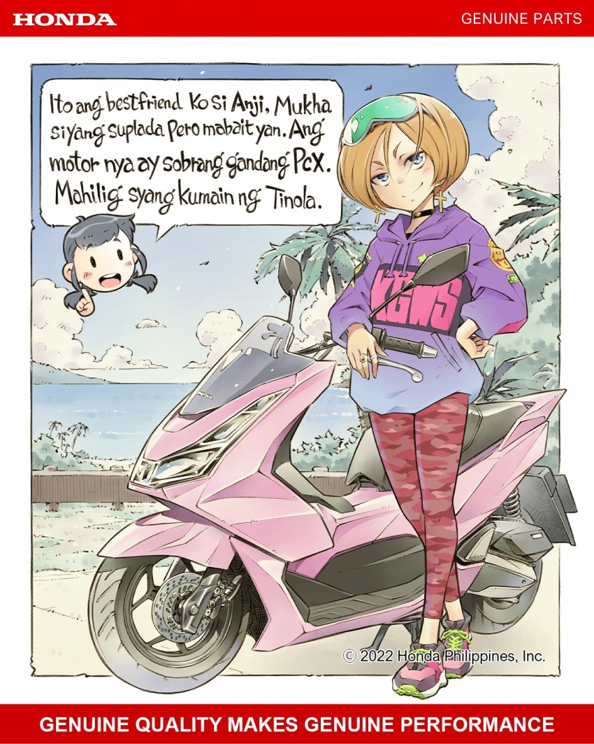 ad anji_(genie&#039;s_motorcycle_life) black_choker blue_eyes camouflage camouflage_pants chibi chibi_inset choker closed_mouth cloud commentary copyright_notice cross cross_earrings earrings english_commentary full_body genie&#039;s_motorcycle_life genie_(genie&#039;s_motorcycle_life) goggles goggles_on_head gradient_hoodie hand_on_own_hip highres honda honda_pcx150 hood hood_down hoodie jewelry long_sleeves looking_at_viewer motor_vehicle ocean official_art orange_hair outdoors palm_tree pants philippines purple_hoodie red_pants ring scooter sekihan shoes short_hair smile sneakers solo_focus speech_bubble tagalog_text translated tree