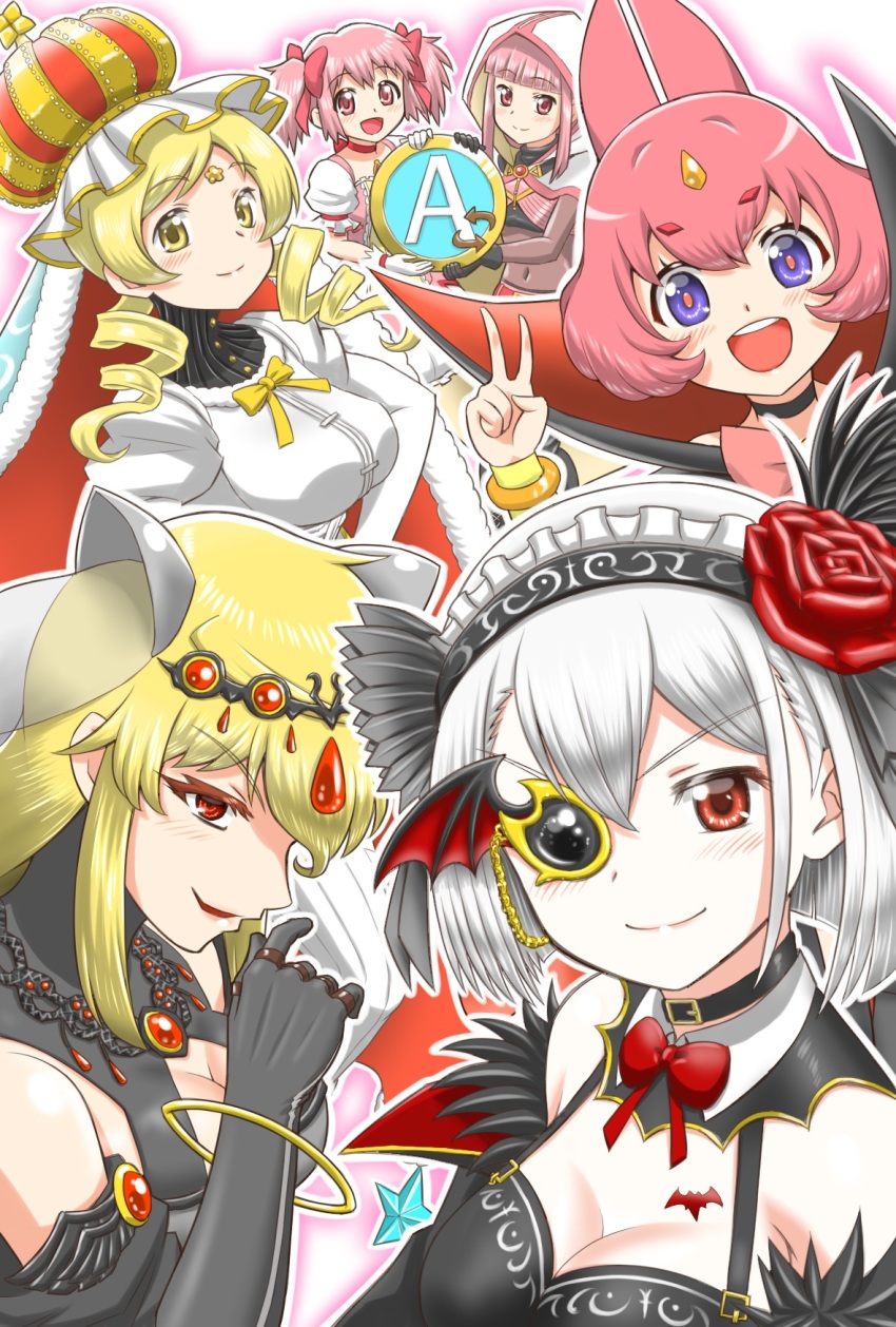 6+girls ahoge animal_ears asymmetrical_bangs bat_ears belt blonde_hair blunt_bangs blunt_ends bodystocking breasts bubble_skirt cape choker cleavage cloak colored_eyelashes corset cowlick cross_tie crown detached_collar doily dot_nose drill_hair elbow_gloves flower forehead_jewel frilled_headwear fur_trim gem gloves highres holy_mami hood hooded_cloak isabeau_de_baviere_(madoka_magica) izumi_kanagi izumi_kanagi_(vampire_ver.) jewelry juliet_sleeves kaname_madoka kaname_madoka_(magical_girl) kneehighs large_breasts long_hair long_sleeves magia_record:_mahou_shoujo_madoka_magica_gaiden magical_girl mahou_shoujo_madoka_magica mahou_shoujo_tart_magica messy_hair monocle multiple_girls necklace opaque_monocle pink_belt pink_eyes pink_gemstone pink_hair puffy_sleeves red_eyes red_flower red_rose ribbon ring rose sabu_(kk_sub) sawa_sudachi short_hair short_twintails sidelocks skirt smile socks soul_gem striped_clothes striped_thighhighs tall_female tamaki_iroha thighhighs tomoe_mami twin_drills twintails two-sided_cape two-sided_fabric veil vertical-striped_clothes vertical-striped_thighhighs wavy_hair white_cloak white_gloves white_hair yellow_ribbon