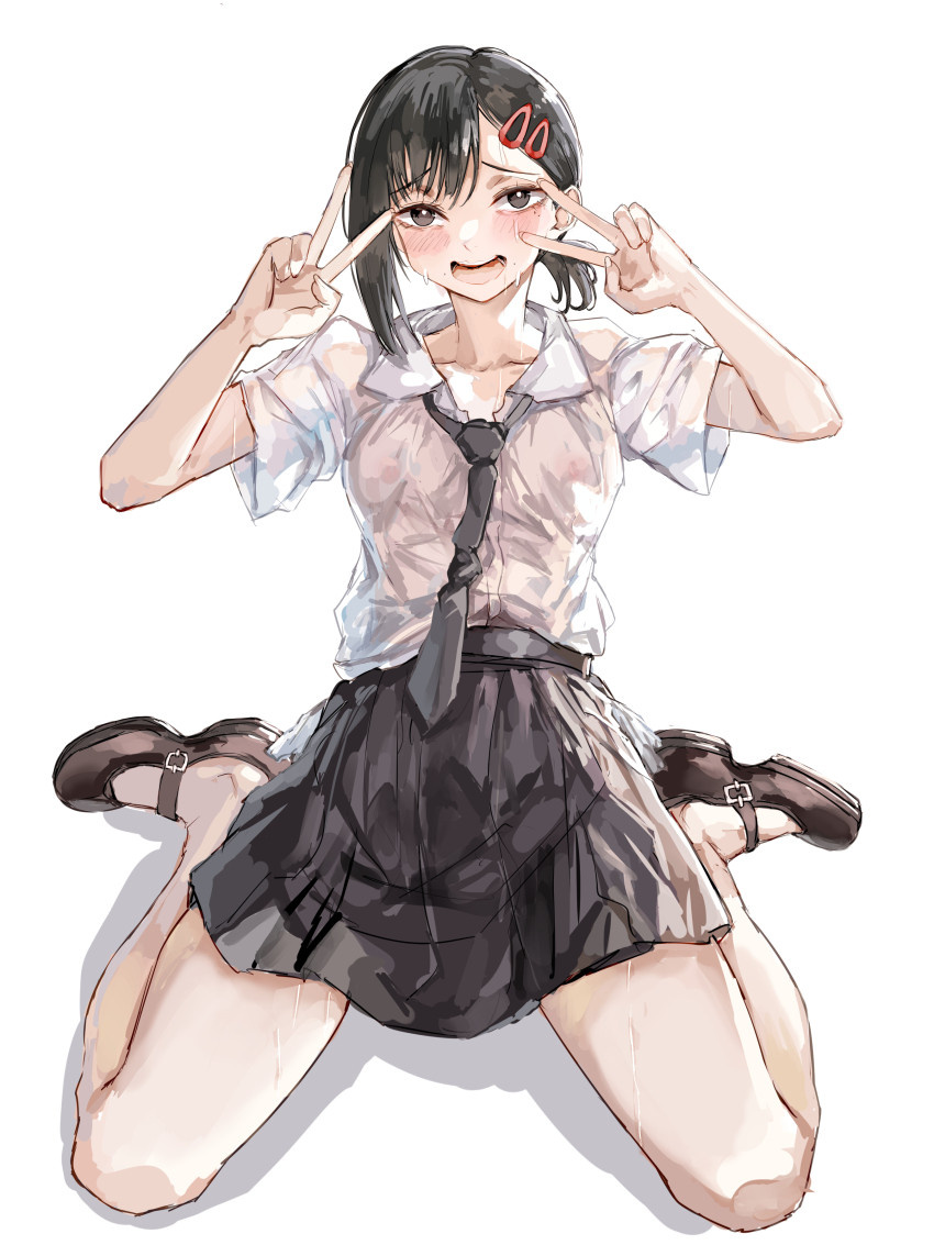 1girl absurdres black_eyes black_hair black_necktie black_shoes black_skirt blush chainsaw_man double_v hair_ornament hairclip higashiyama_kobeni highres mary_janes necktie nui_gurumi open_mouth ponytail school_uniform see-through_clothes shirt shoes short_ponytail simple_background single_sidelock skirt solo v wet wet_clothes wet_hair wet_shirt wet_skirt white_background white_shirt