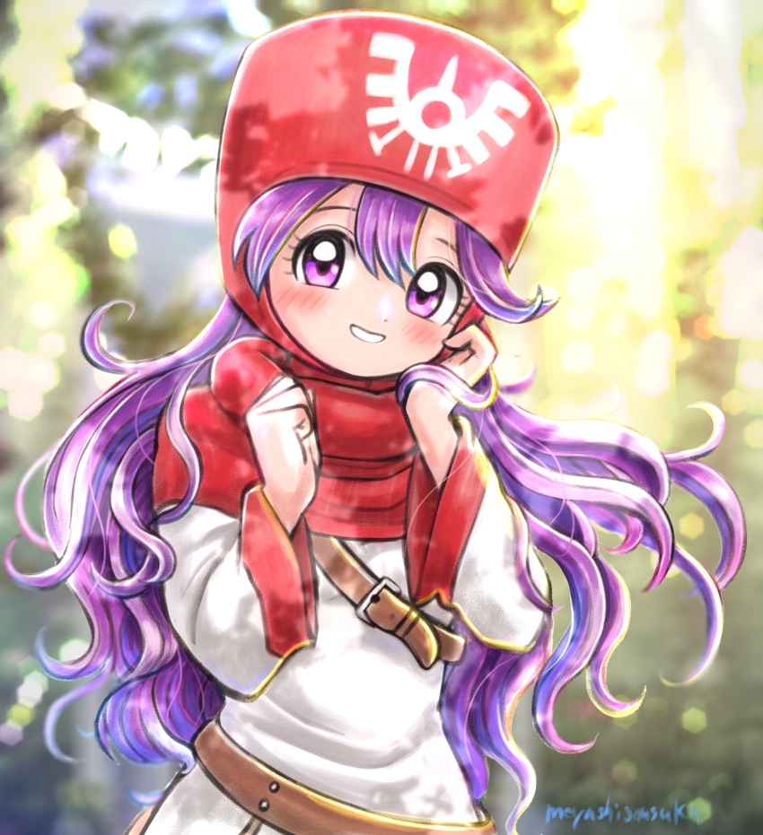 1girl artist_name belt blurry blurry_background blush commentary dappled_sunlight dragon_quest dragon_quest_ii highres long_hair long_sleeves looking_at_viewer moyapippi parted_lips princess_of_moonbrook purple_eyes purple_hair red_hood robe smile solo sunlight upper_body wavy_hair white_robe wide_sleeves