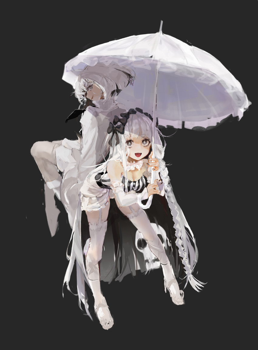 1boy 1girl absurdres bare_shoulders black_bow black_hair black_nails bob_cut bow braid breasts cleavage collar colored_inner_hair dress fate/strange_fake fate_(series) francesca_prelati_(fate) francois_prelati_(fate) frilled_collar frills grey_eyes grey_hair hair_bow highres kabujinuo long_hair looking_at_viewer medium_breasts multicolored_hair open_mouth pantyhose ringed_eyes short_hair smile striped_clothes striped_dress thighhighs vertical-striped_clothes vertical-striped_dress very_long_hair white_dress white_hair