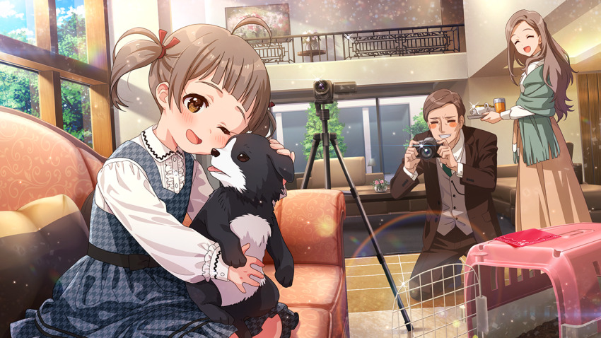 1boy 2girls :d =_= aged_down ahoge animal animal_hug blue_dress blunt_bangs blush blush_stickers border_collie breasts brown_eyes brown_hair brown_jacket brown_pants brown_skirt brown_suit cage camcorder camera closed_eyes collar collared_shirt couch cup day dog dot_nose dress dress_shirt eyelashes family forehead formal_clothes from_side glass green_necktie green_shawl grin hakozaki_serika hakozaki_serika&#039;s_father hakozaki_serika&#039;s_mother holding holding_camera idolmaster idolmaster_million_live! idolmaster_million_live!_theater_days indoors jacket junior_(idolmaster) kneeling living_room long_hair long_sleeves multiple_girls necktie official_art on_couch one_eye_closed open_mouth pants petting pillow pinafore_dress puppy rainbow shirt short_hair sidelocks skirt sleeveless sleeveless_dress small_breasts smile sparkle suit sunlight tray tree tripod twintails video_camera wavy_hair white_collar white_shirt window