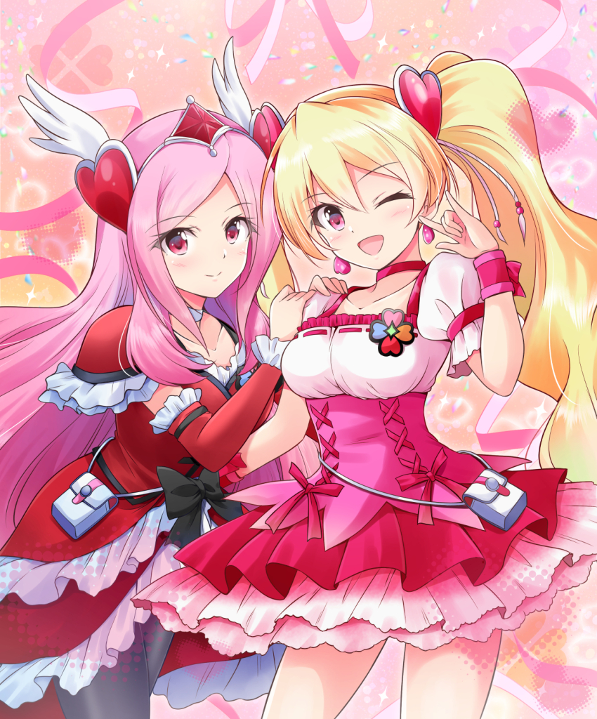2girls arm_warmers black_bow black_thighhighs blonde_hair blush bow brooch choker closed_mouth clover_brooch commission cure_passion cure_peach dress earrings fresh_precure! hair_ornament heart heart_earrings heart_hair_ornament higashi_setsuna highres jewelry long_hair magical_girl momozono_love multiple_girls one_eye_closed open_mouth pink_choker pink_eyes pink_hair precure puffy_short_sleeves puffy_sleeves red_dress red_eyes shizuna_kaede short_sleeves skeb_commission smile thighhighs twintails two-tone_dress waist_bow wing_hair_ornament wrist_cuffs
