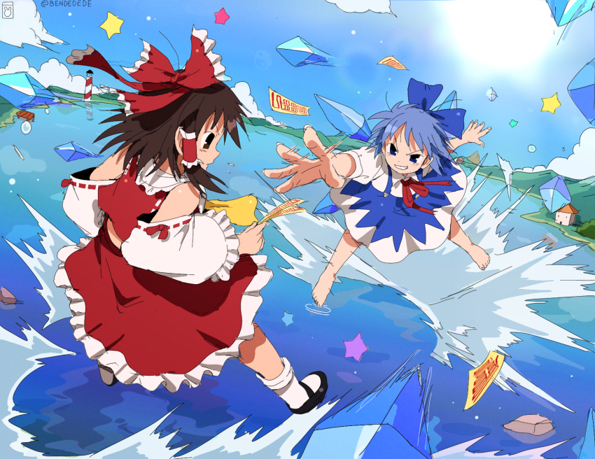 2girls absurdres bendedede blue_bow blue_eyes blue_hair blue_skirt bow brown_eyes brown_hair cirno commentary detached_sleeves embodiment_of_scarlet_devil english_commentary fighting frilled_skirt frilled_sleeves frills hair_bow hair_tubes hakurei_reimu highres icicle lake mary_janes motion_lines multiple_girls nontraditional_miko outdoors outstretched_arms red_bow red_ribbon red_skirt ribbon shoes short_hair skirt socks suspender_skirt suspenders talisman touhou water white_socks