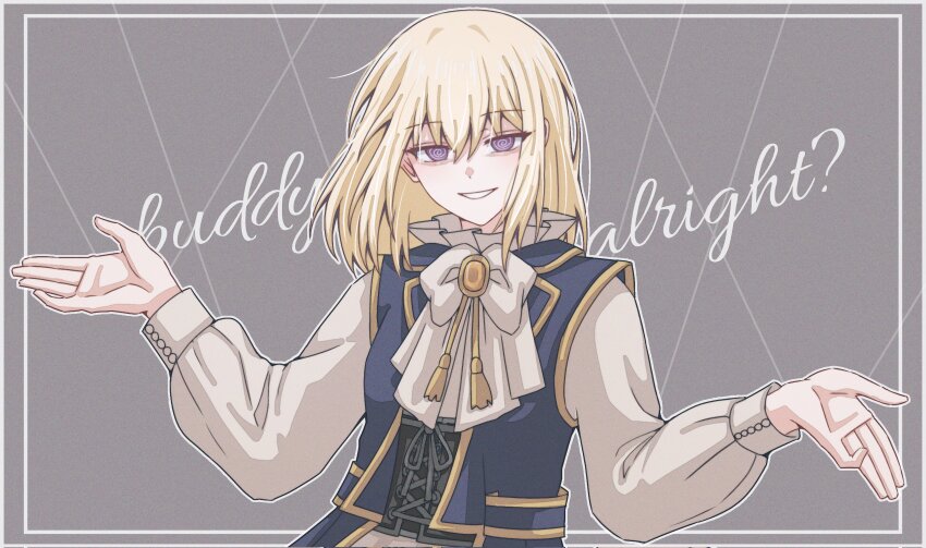 1girl @_@ absurdres bags_under_eyes bang_dream! bang_dream!_it&#039;s_mygo!!!!! black_corset blonde_hair blue_vest bow bowtie corset cursive doloris_(bang_dream!) english_text firman_acker frills grey_background grin hachibousei_dance_(bang_dream!) hands_up highres ibispaint_(medium) long_sleeves looking_at_viewer lyrics medium_hair misumi_uika outline palms puffy_long_sleeves puffy_sleeves puppet_strings purple_eyes shirt simple_background smile solo straight-on text_background upper_body vest w_arms white_bow white_bowtie white_outline white_shirt