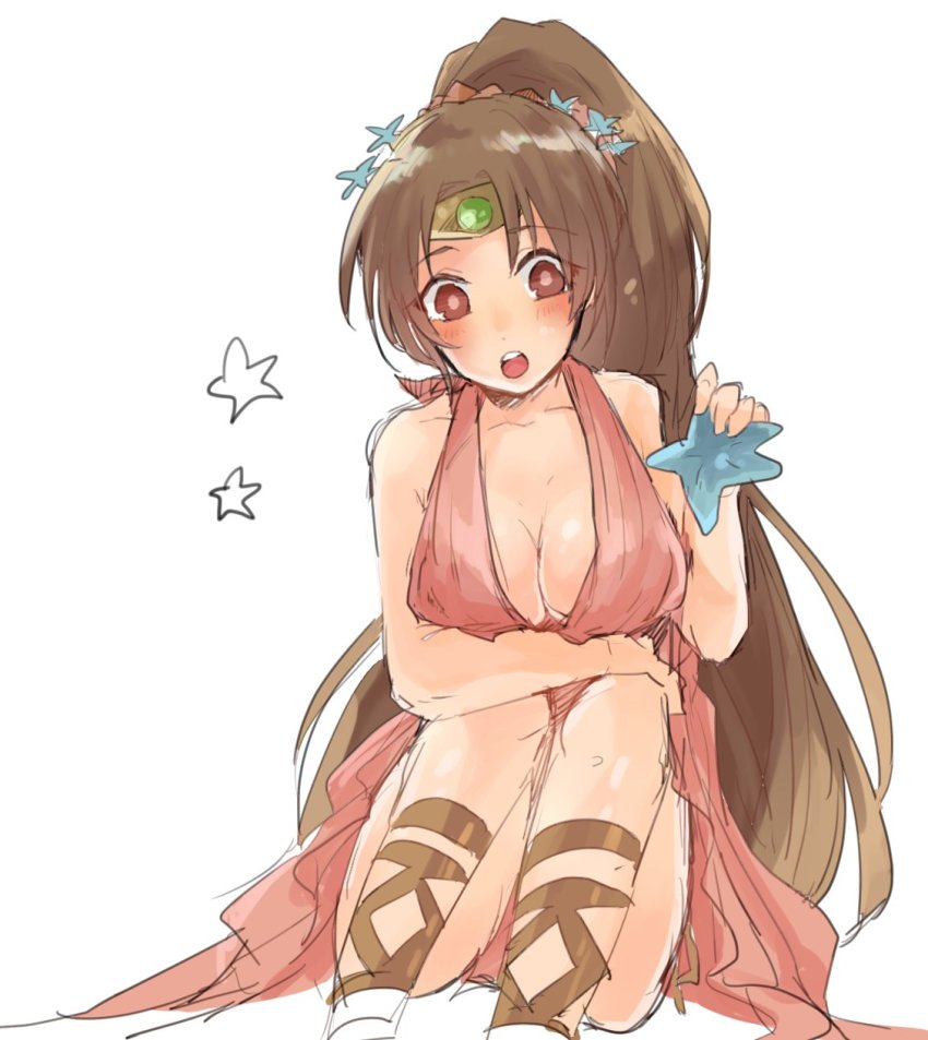 1girl bad_id bad_twitter_id breasts brown_eyes brown_hair circlet cleavage female_focus fire_emblem fire_emblem:_mystery_of_the_emblem fire_emblem_heroes highres linde_(fire_emblem) linde_(summer_rays)_(fire_emblem) long_hair matumuraaaa nintendo one-piece_swimsuit open_mouth pink_one-piece_swimsuit ponytail simple_background sitting solo starfish swimsuit very_long_hair white_background