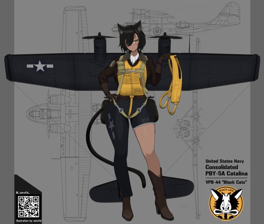 1girl absurdres aircraft airplane animal_ear_fluff animal_ears artist_name asymmetrical_legwear black_hair blue_pants blueprint_(object) blueprint_background bomber_jacket boots brown_boots brown_jacket cat_ears cat_tail commentary cowboy_boots dark-skinned_female dark_skin english_text first_aid_kit full_body hand_on_own_hip highres holding jacket life_vest long_sleeves looking_at_viewer mecha_musume mechanical_wings military military_vehicle original pants patch pby_catalina personification propeller scarf short_hair shoulder_patch smile solo tail twitter_username unit_patch vehicle_and_personification white_scarf wings yellow_eyes zerofid