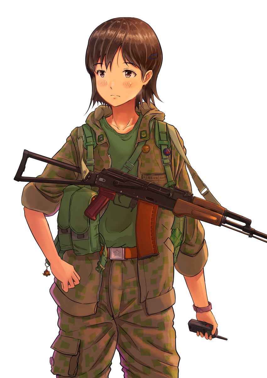 1girl absurdres ak-74 aks-74 ammunition_pouch assault_rifle badge belt belt_buckle black_eyes blush brown_hair brown_pants buckle button_badge camouflage camouflage_jacket camouflage_pants cargo_pants charm_(object) closed_mouth collar_tabs collarbone folding_stock green_shirt gun gun_sling hair_ornament hairclip hand_on_own_hip highres holding holding_walkie-talkie hood hood_down hooded_jacket jacket kalashnikov_rifle light_frown looking_to_the_side military military_jacket military_uniform nikolai_ezhov open_clothes open_jacket orange_belt original pants patch pocket pouch rifle shirt short_hair simple_background three-quarter_sleeves sleeves_rolled_up soldier solo star_(symbol) t-shirt walkie-talkie watch weapon white_background wristwatch