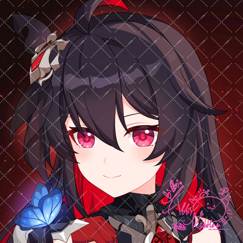 1girl abby_riddle absurdres ahoge artist_logo black_hair blue_butterfly bug butterfly butterfly_on_hand chinese_commentary closed_mouth commentary_request gloves hair_between_eyes hair_ornament hand_up highres honkai_(series) honkai_impact_3rd insect logo long_hair looking_at_viewer portrait red_eyes red_gloves red_hair seele_(alter_ego) seele_vollerei seele_vollerei_(starchasm_nyx) smile solo