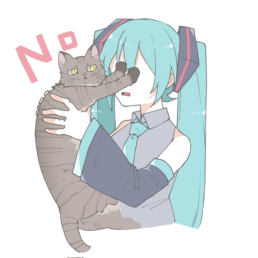 1girl animal bare_shoulders black_sleeves blue_hair blue_necktie cat collared_shirt commentary covering_another&#039;s_eyes cropped_torso detached_sleeves facing_another grey_shirt hair_between_eyes hair_ornament hatsune_miku highres holding holding_animal long_sleeves necktie no rejection shirt simple_background sleeveless sleeveless_shirt solo twintails vocaloid white_background yurimozyu2038